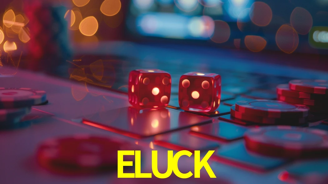 Una escena digital vívida inspirada en casino con ELUCK mostrado prominentemente, luces brillantes, fichas, cartas y acentos dorados.