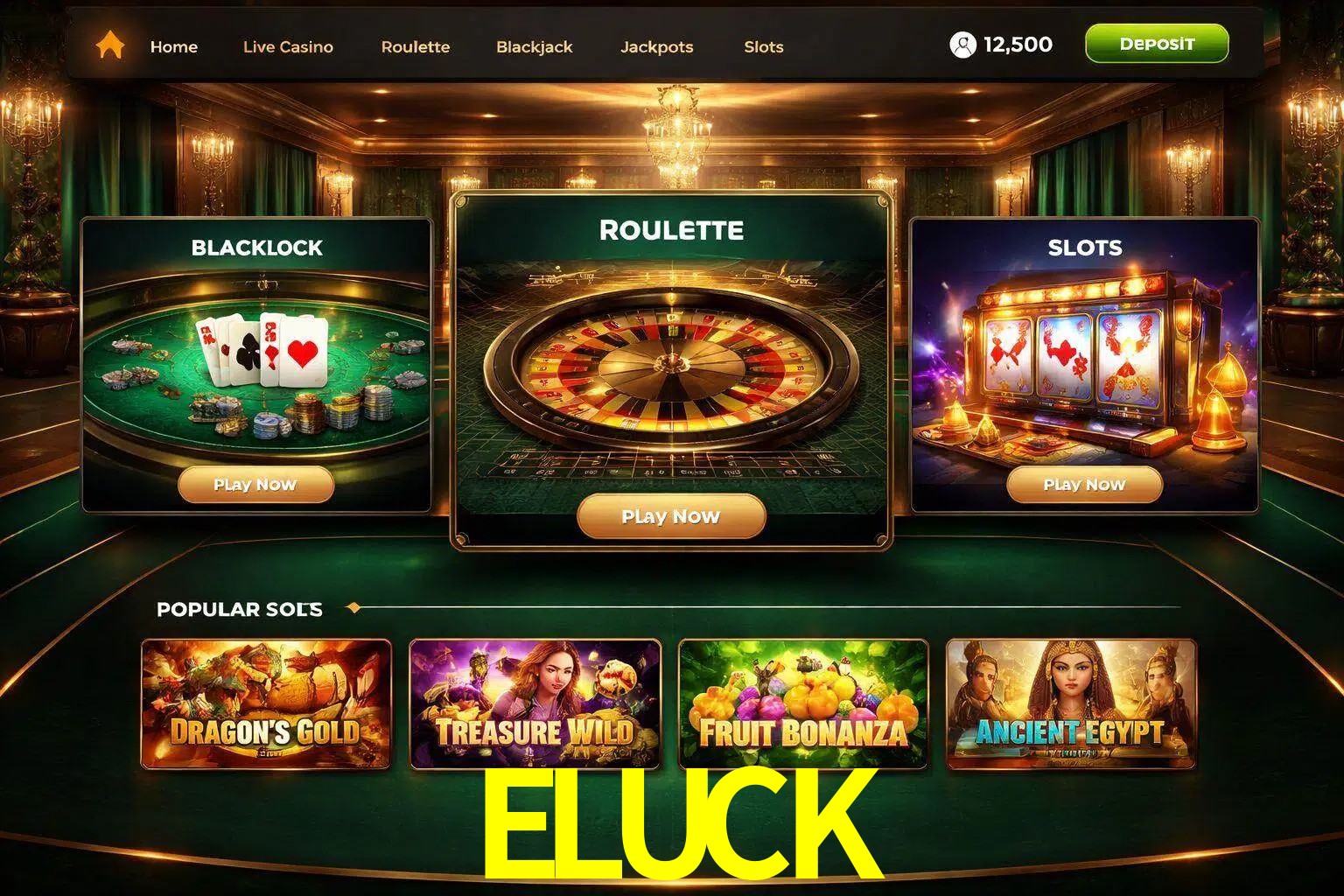 Vista de la plataforma ELUCK Casino mostrando categorías organizadas de juegos en línea