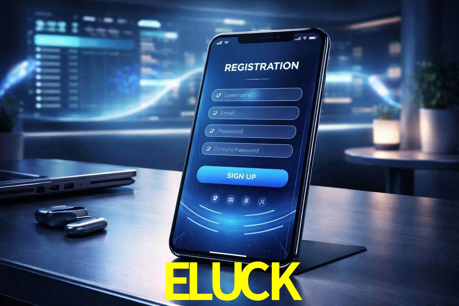 Una interfaz moderna de registro móvil para ELUCK mostrada en un smartphone con un panel de apuestas elegante.